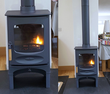 Charnwood C4 Woodburner - in blue with store stand and an antique granite. Installed in Reigate, Surrey 
